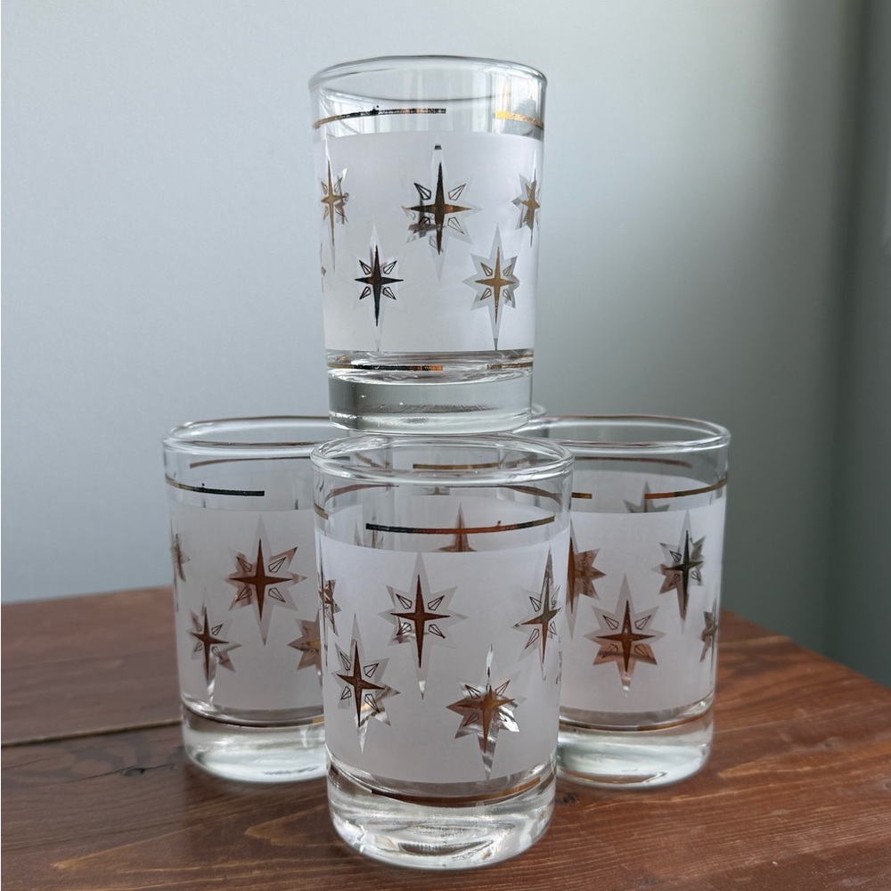 5 Dominion 3.5" Vintage Glasses Atomic Burst Space Age Starbursts Cup Set